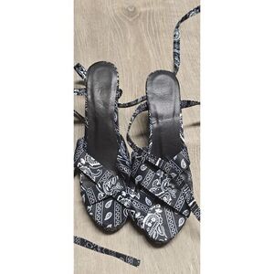 Women's Blue White Bandana Print Ankle Tie Platform Heels US Size 9.5 EU Size 41
